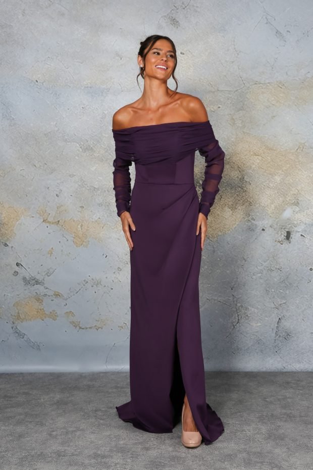 RDM1337 Jersey bridesmaid with bardot chiffon neckline - Reflections Bridal Studio