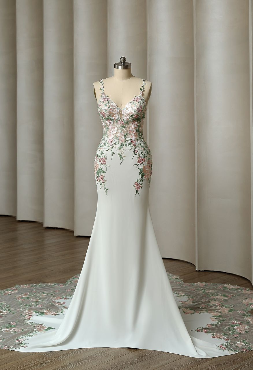 SARAH JANE Satin gown with colourful floral lace - Reflections Bridal Studio