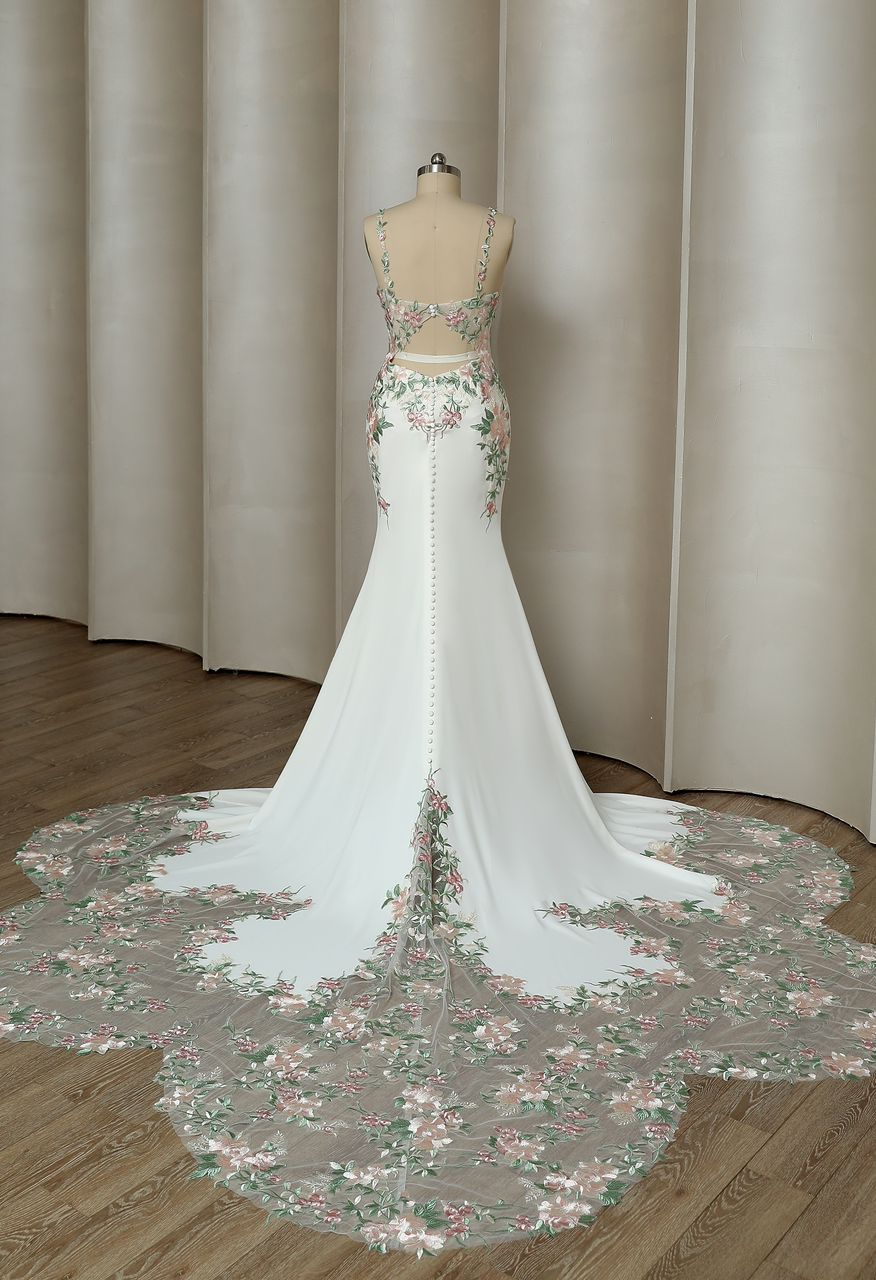 SARAH JANE Satin gown with colourful floral lace - Reflections Bridal Studio