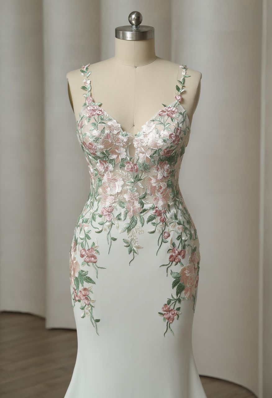 SARAH JANE Satin gown with colourful floral lace - Reflections Bridal Studio