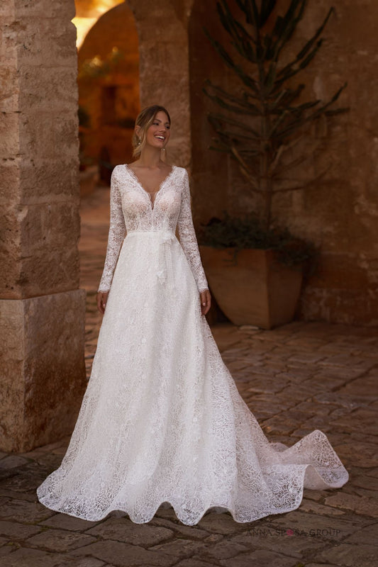 SERATA A line gown in matte chantilly lace - Reflections Bridal Studio