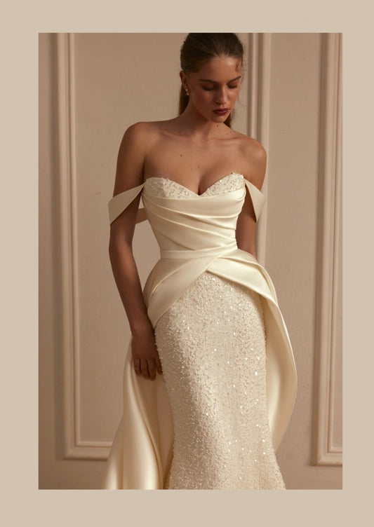 SWAY Beaded fit and flare gown with satin trim - Reflections Bridal Studio