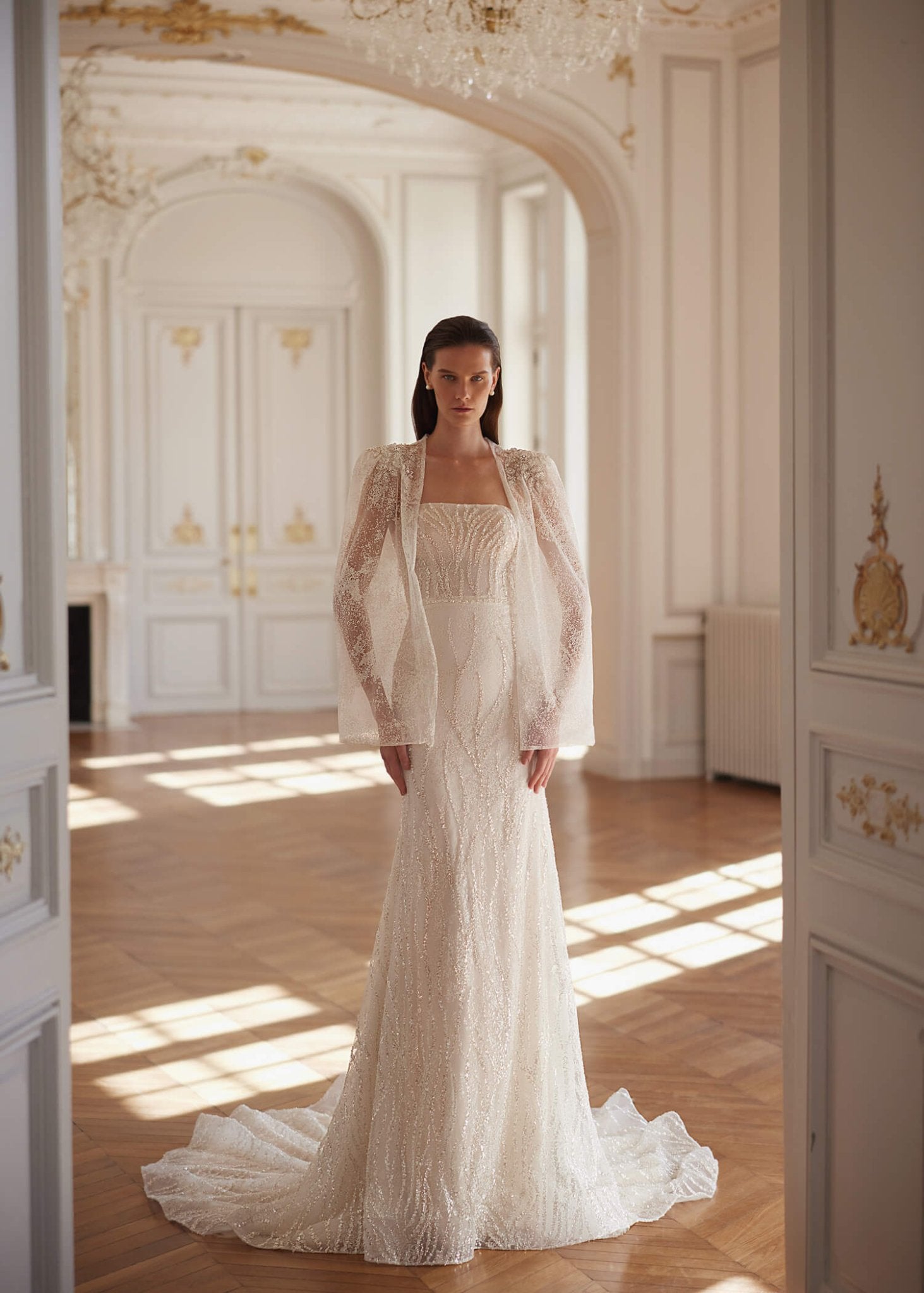 VARDA Beaded lace wedding dress with ootional cape - Reflections Bridal Studio