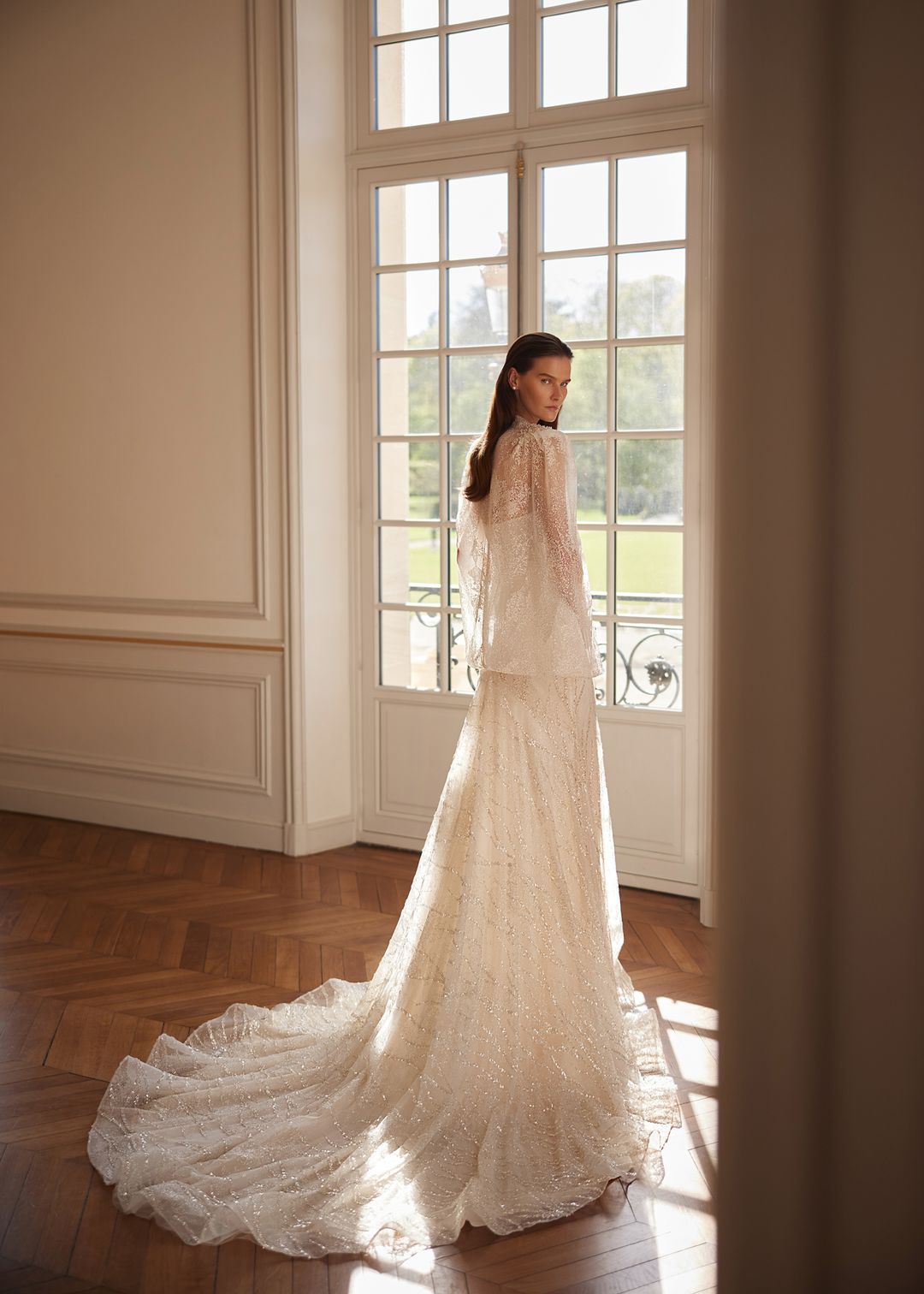 VARDA Beaded lace wedding dress with ootional cape - Reflections Bridal Studio