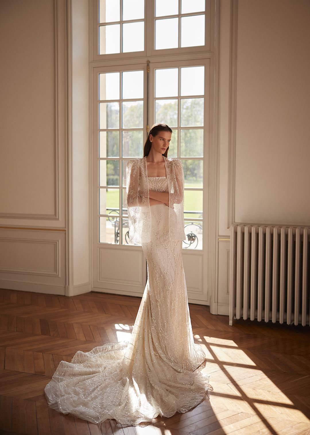 VARDA Beaded lace wedding dress with ootional cape - Reflections Bridal Studio
