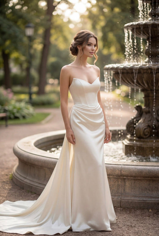 XARAH Satin fit & flare with ruched skirt - Reflections Bridal Studio