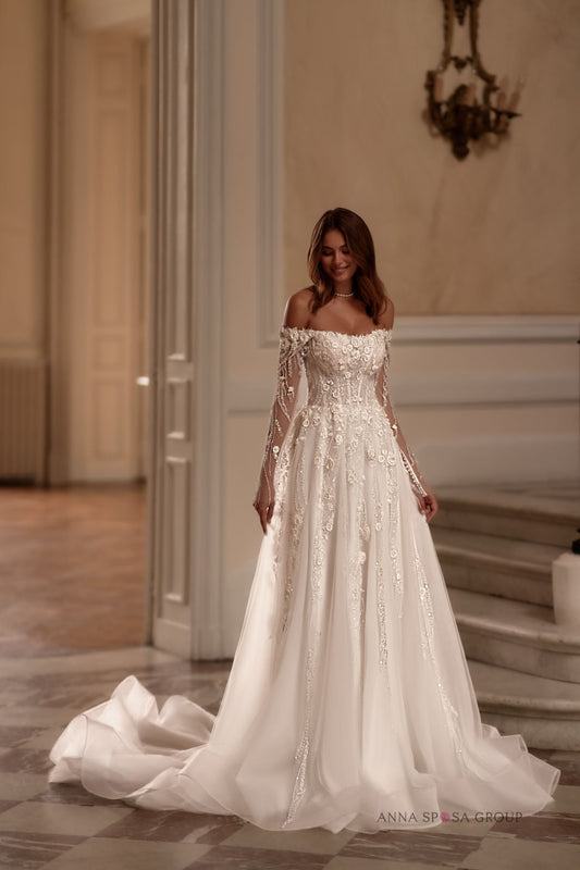 ZINNIA Long detachable sleeves on a floral A - line gown - Reflections Bridal Studio