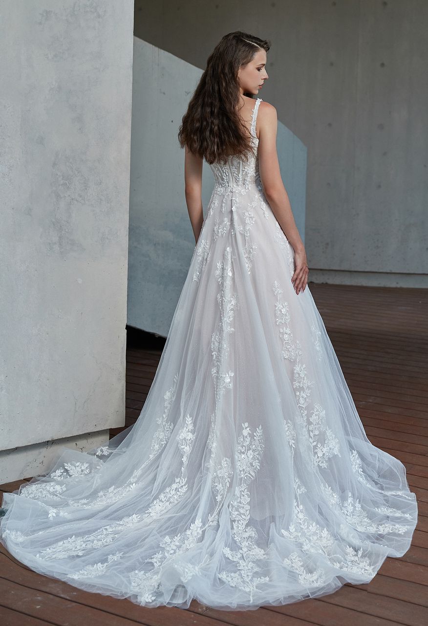 ZOEY Petite. Square neckline on a sparkling lace & tulle gown - Reflections Bridal Studio
